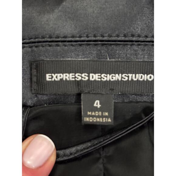 Express Design Studio Black Sateen Moto Jacket Leopard Cuff Belted Biker Size 4 - Picture 2 of 6